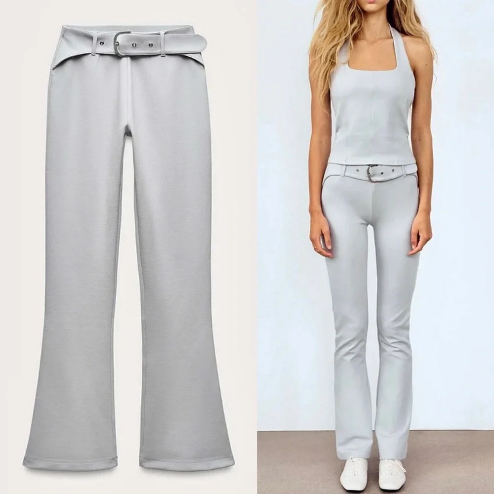 Zara NWT Light gray belted interlock stretchy flare pants, thick material
